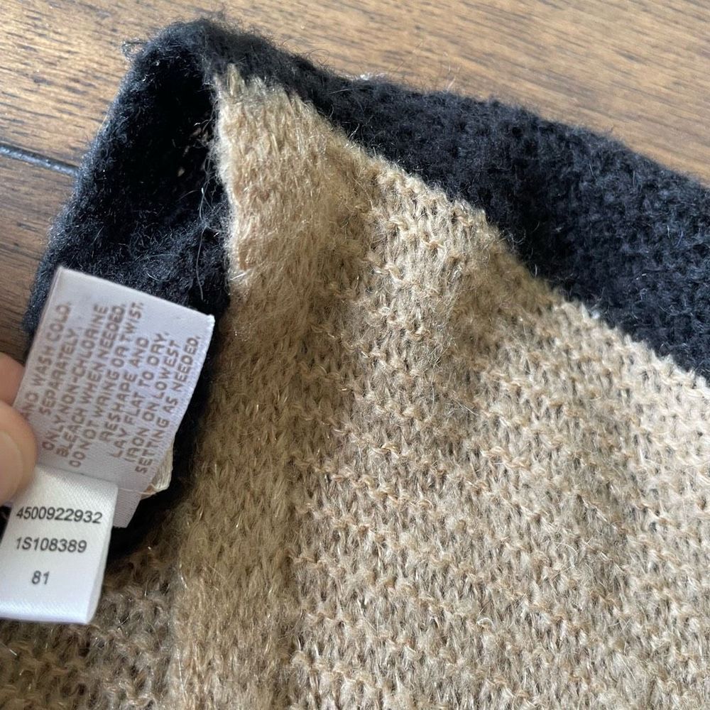 Chico’s Women’s Open Front Cardigan Sweater Tan Gold Black Striped Medium (8) - Picture 6 of 8